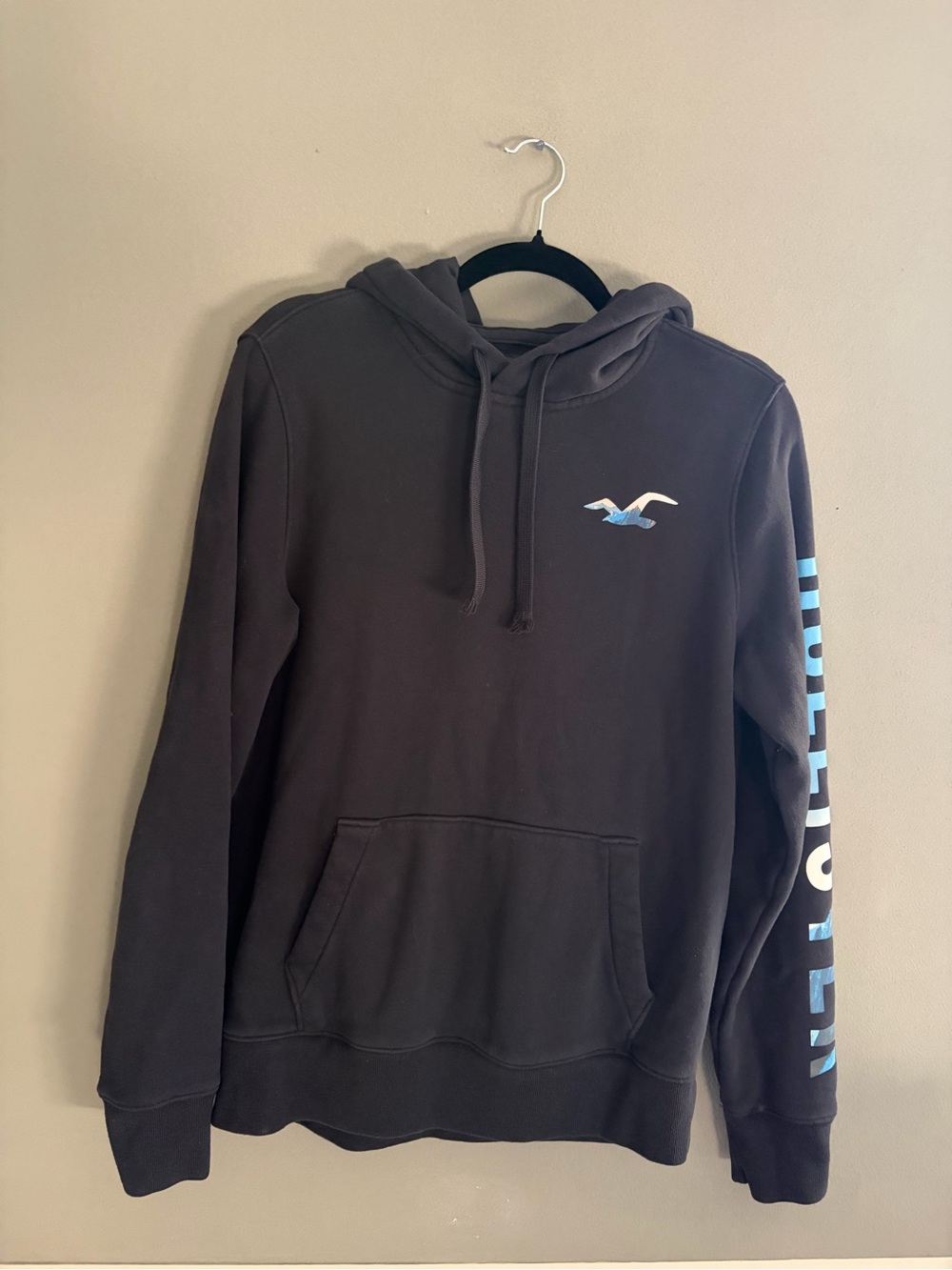 Hollister Black Graphic Logo Hoodie Sweatshirt Mountain Print Sleeve Medium Y2K
